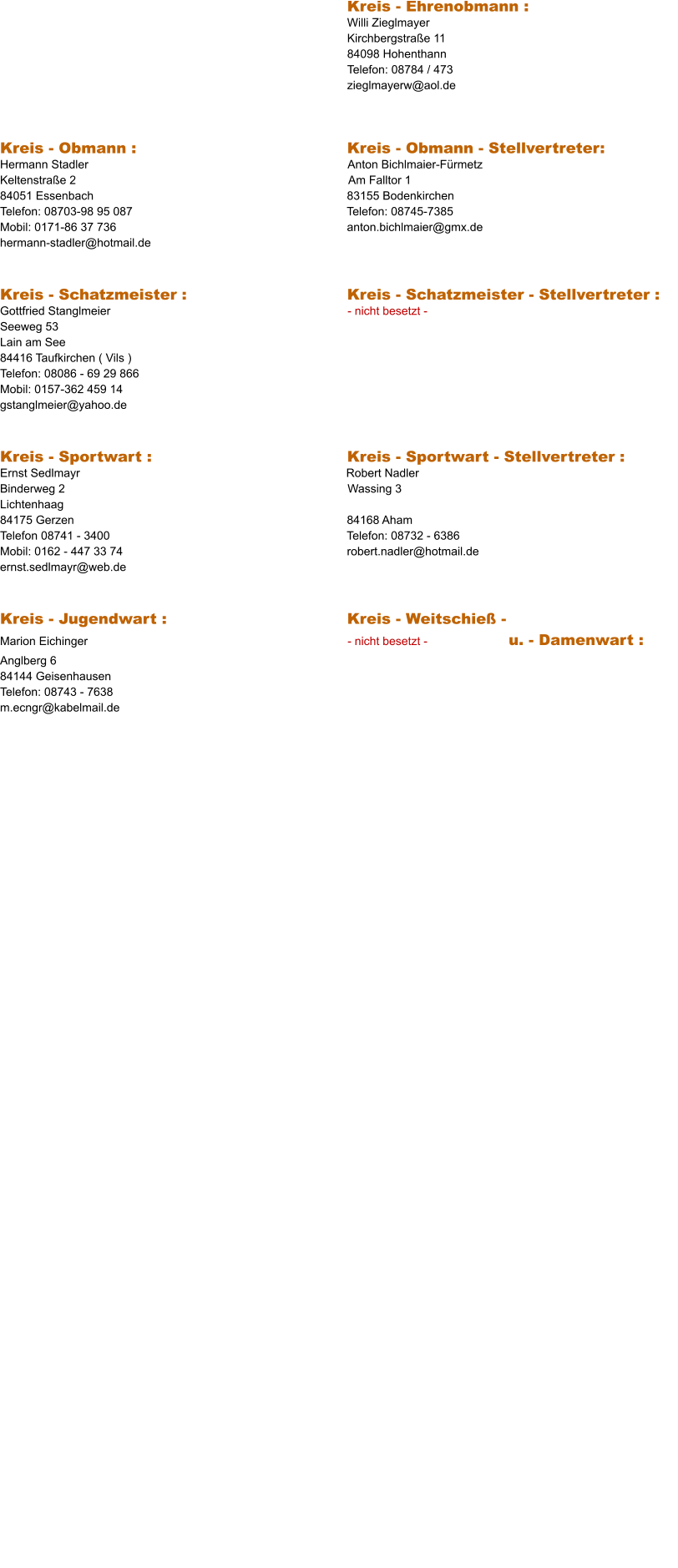 Kreis - Ehrenobmann : Willi Zieglmayer Kirchbergstraße 11 84098 Hohenthann Telefon: 08784 / 473 											zieglmayerw@aol.de   Kreis - Obmann :							Kreis - Obmann - Stellvertreter: Hermann Stadler                                                                                Anton Bichlmaier-Fürmetz  Keltenstraße 2                                                                                    Am Falltor 1   84051 Essenbach                                                                              83155 Bodenkirchen Telefon: 08703-98 95 087                                                                  Telefon: 08745-7385                                                                      Mobil: 0171-86 37 736                                                                       anton.bichlmaier@gmx.de hermann-stadler@hotmail.de   Kreis - Schatzmeister :						Kreis - Schatzmeister - Stellvertreter : Gottfried Stanglmeier                                                                         - nicht besetzt - Seeweg 53 Lain am See                                                                                       84416 Taufkirchen ( Vils )                                                                                       Telefon: 08086 - 69 29 866 Mobil: 0157-362 459 14 gstanglmeier@yahoo.de   Kreis - Sportwart :							Kreis - Sportwart - Stellvertreter : Ernst Sedlmayr                                                                                  Robert Nadler   Binderweg 2                                                                                       Wassing 3 Lichtenhaag 84175 Gerzen                                                                                    84168 Aham Telefon 08741 - 3400                                                                         Telefon: 08732 - 6386  Mobil: 0162 - 447 33 74                                                                     robert.nadler@hotmail.de ernst.sedlmayr@web.de   Kreis - Jugendwart :						Kreis - Weitschieß - Marion Eichinger                                                                                - nicht besetzt -                         u. - Damenwart : Anglberg 6 84144 Geisenhausen                                                                                                                                                     Telefon: 08743 - 7638          m.ecngr@kabelmail.de